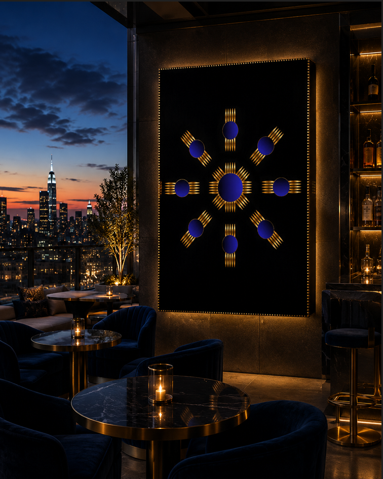 Midnight Alignment original geometric wall art displayed in a luxury rooftop lounge overlooking a city skyline at dusk, featuring bold black, gold, and deep blue contemporary abstract design.