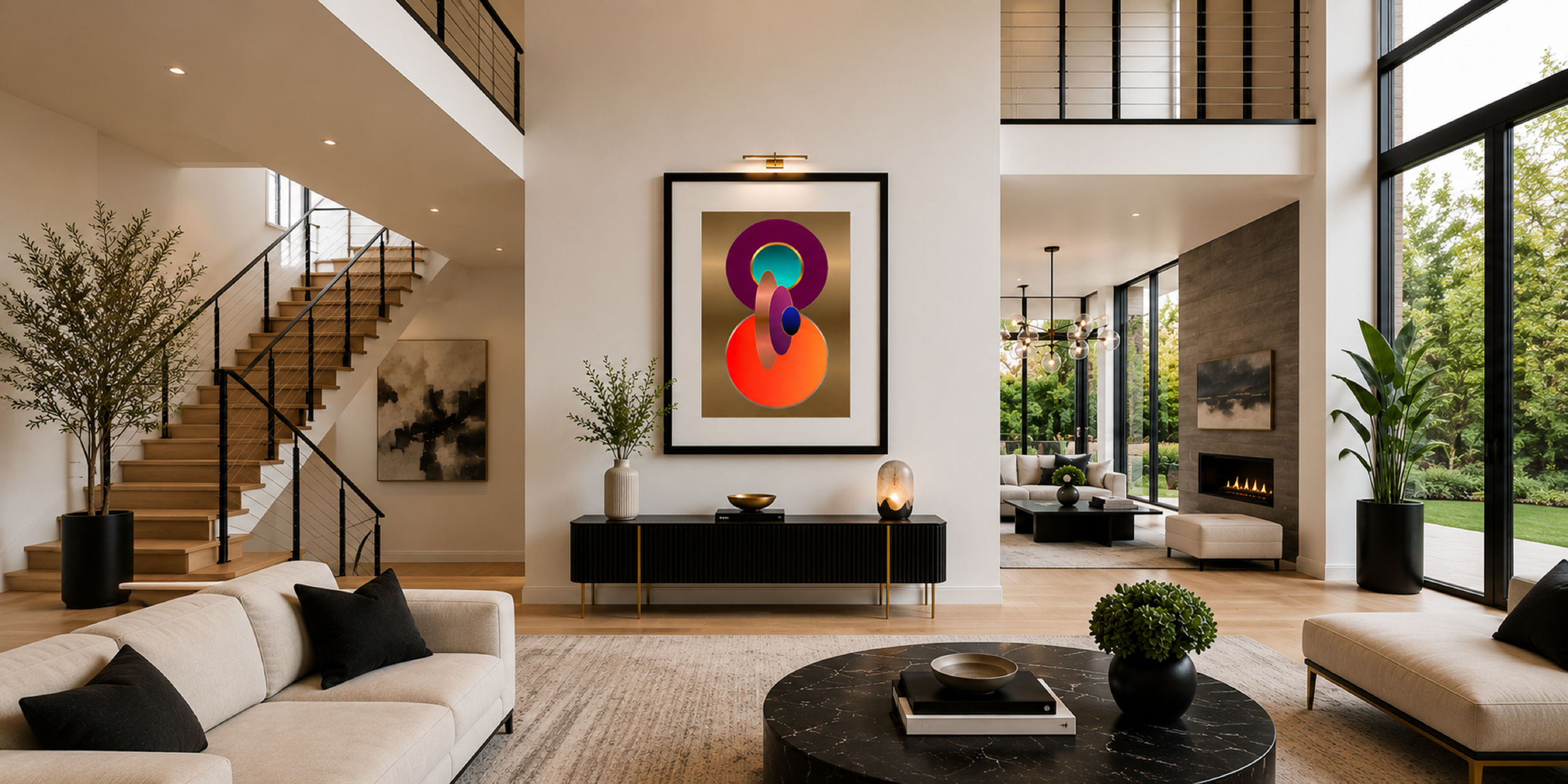 Contemporary abstract artwork by Dee Tirang displayed in a luxury modern living room.