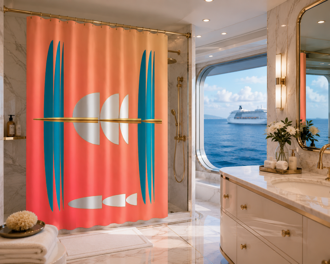 Silver Crescents Shower Curtain | Luxury Geometric Bathroom Décor for Modern Homes. Design by Dee Tirang