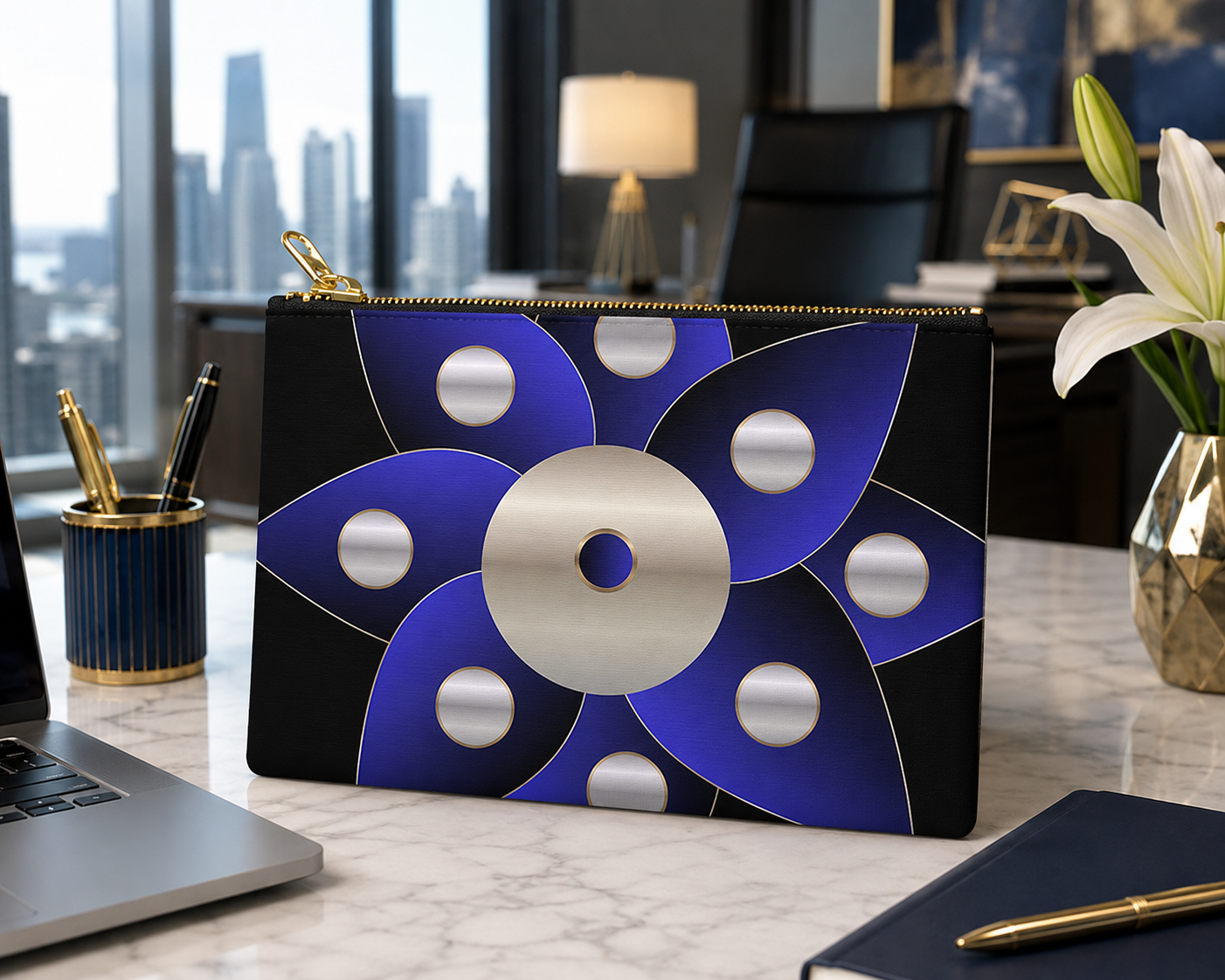 Modern zip pouch featuring an elegant blue and silver geometric floral design displayed on a luxury executive desk with city skyline views.