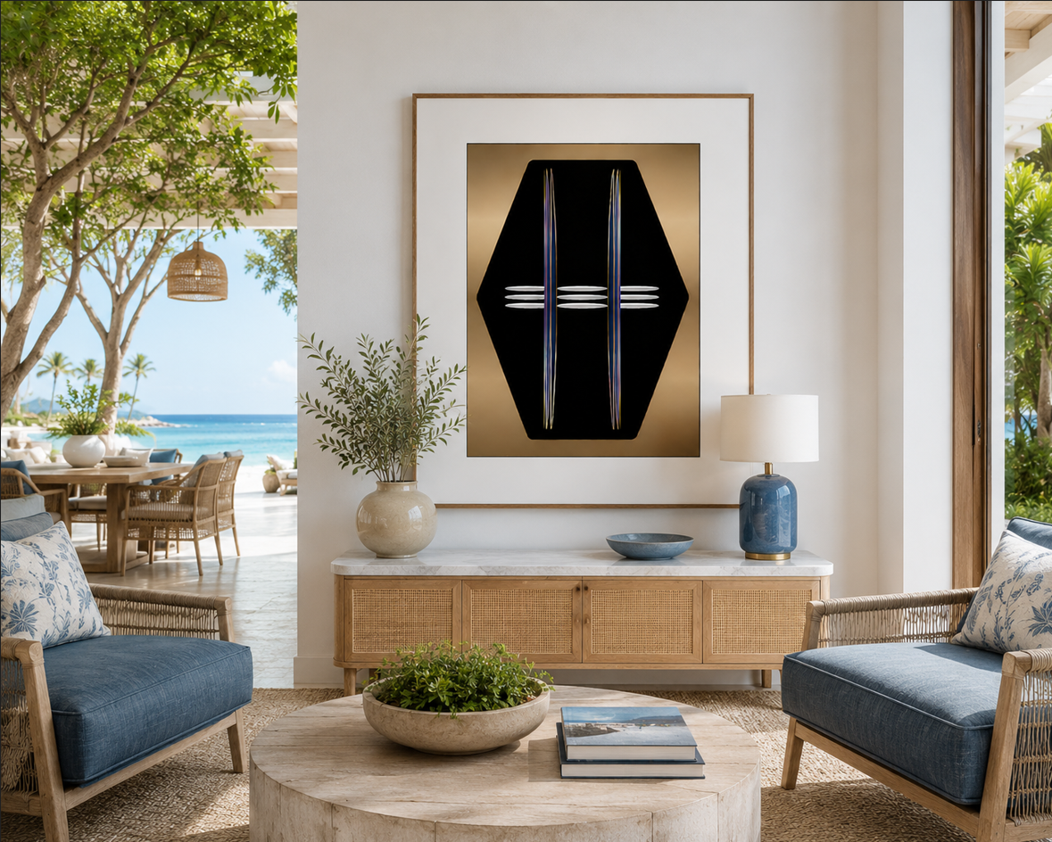 Bronze Meridian luxury coastal space blue water and tree. An oasis. Design by Dee Tirang.