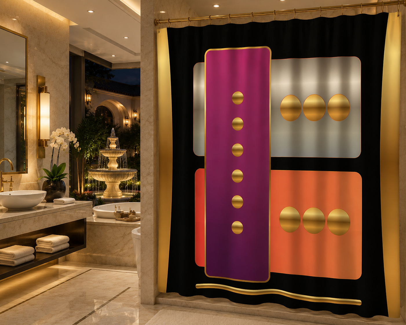 Luxury marble bathroom featuring the Magenta Machine shower curtain with original geometric artwork in magenta, coral, gold, black, and silver by Dee Tirang.