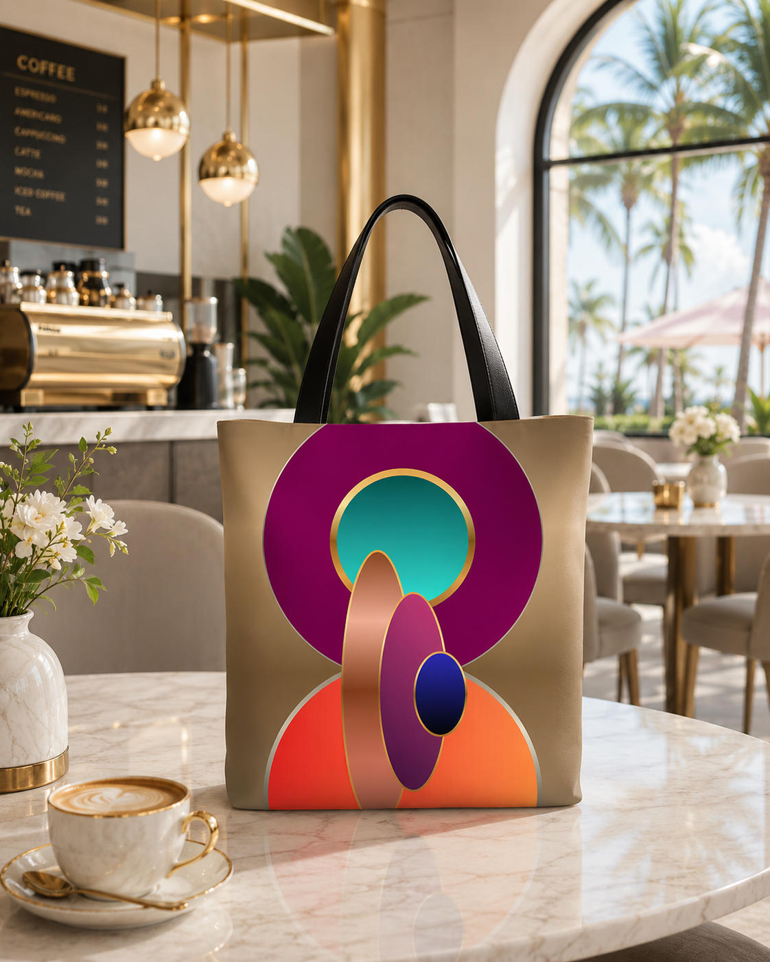 Orbital Jewel geometric tote bag displayed on a marble café table in a luxury coastal coffee shop with palm trees, warm gold accents, and a bright resort atmosphere.