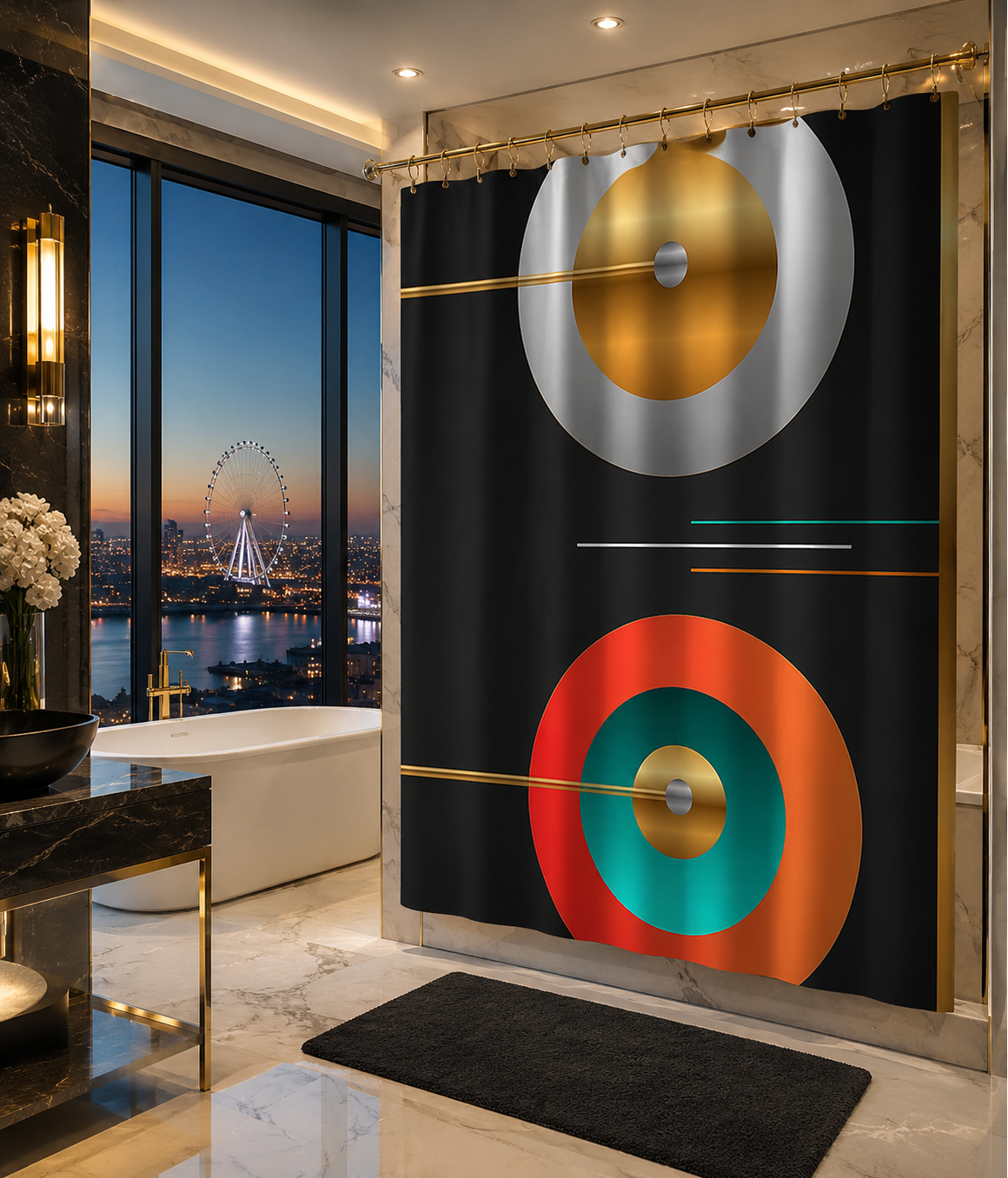 Luxury bathroom featuring the Lunar Orbits geometric shower curtain in black, gold, coral, teal, and silver, overlooking a waterfront city skyline with a ferris wheel at dusk. Art designed by Dee Tirang.