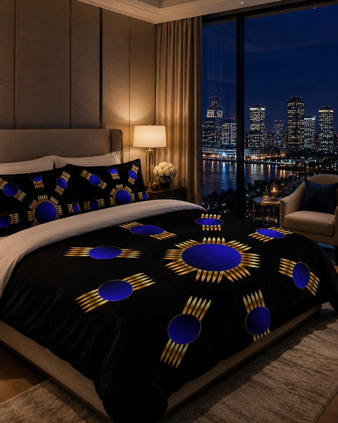 Midnight Alignment blue and gold geometric duvet cover displayed in a luxurious modern bedroom with warm lighting, a panoramic waterfront city skyline at night, and elegant contemporary furnishings. Designed by Dee Tirang.