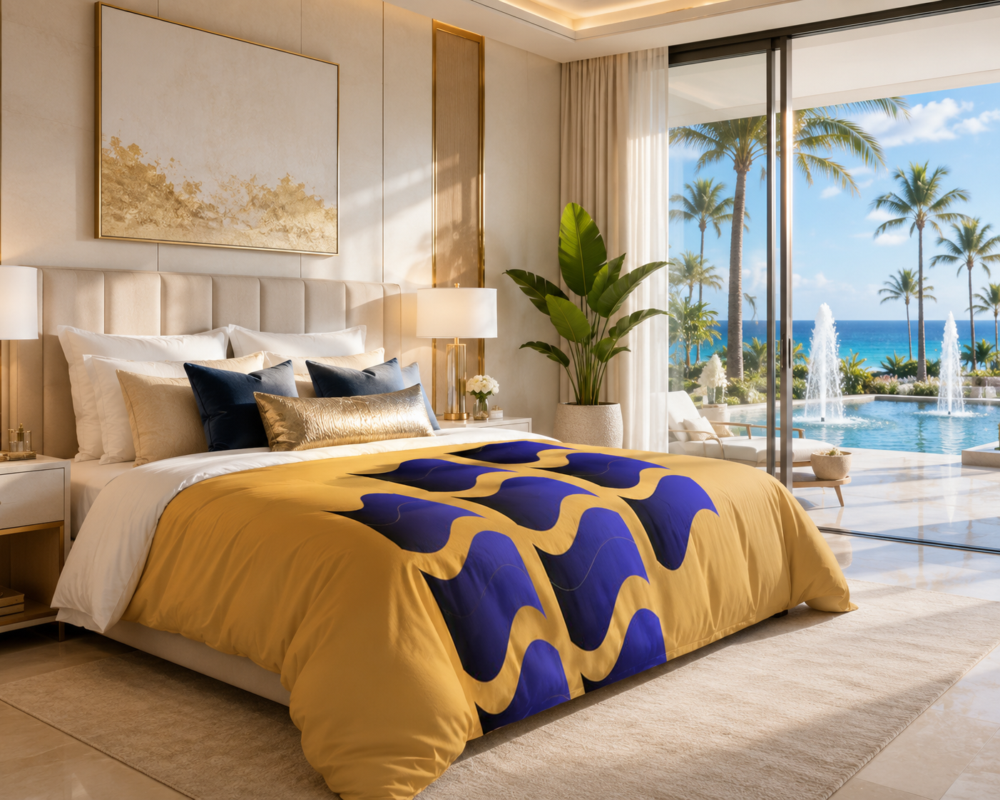 Luxury bedroom featuring the Aureate Tide geometric duvet cover with gold and deep blue abstract artwork overlooking a tropical ocean view.