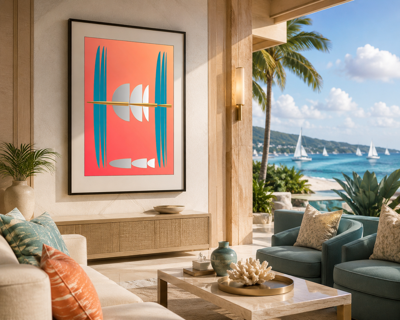 Silver Crescents Wall Art | Modern Geometric Coastal Artwork for Luxury Interiors. Design by Dee Tirang