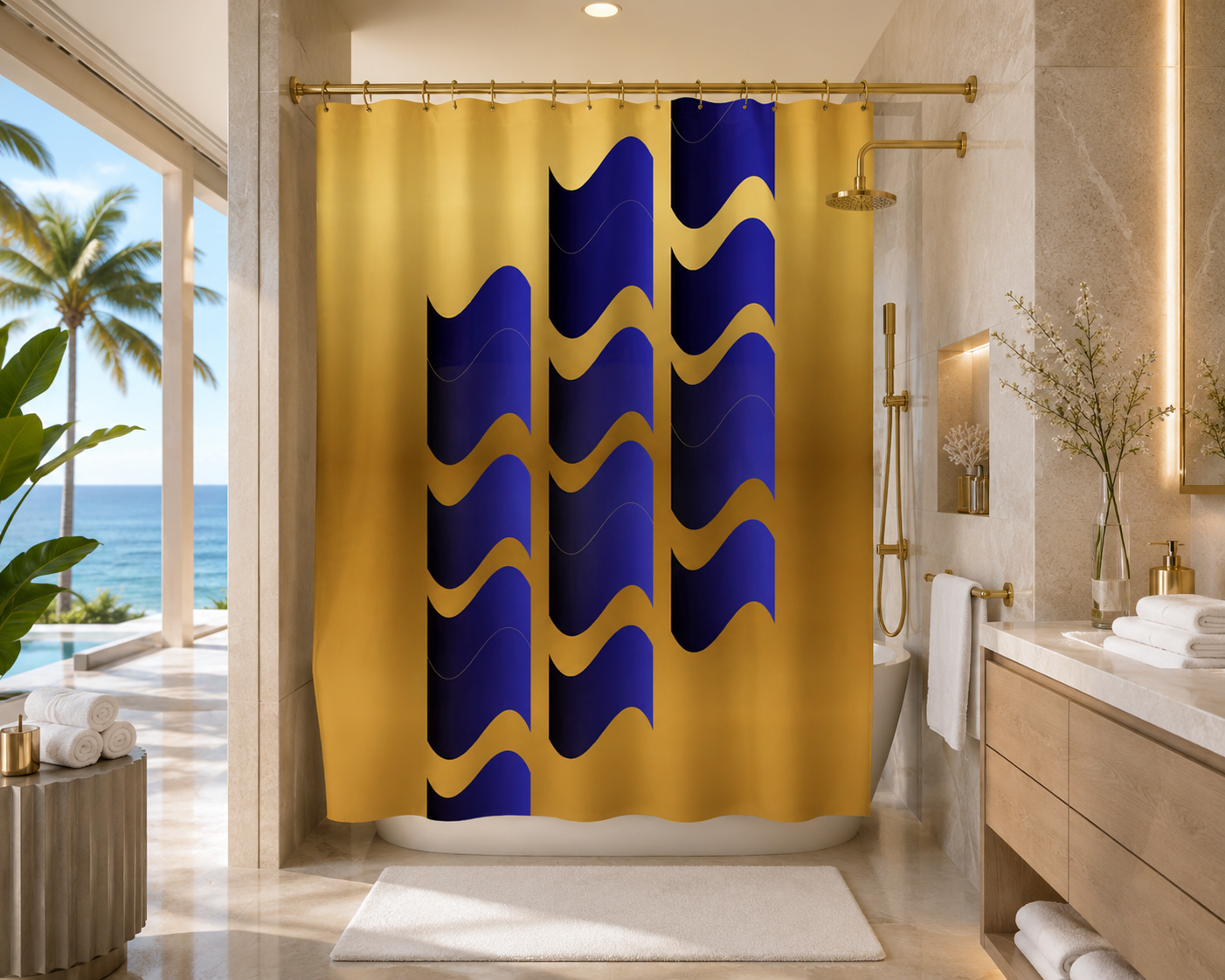 Luxury bathroom featuring the Aureate Tide geometric shower curtain with gold and deep blue abstract artwork in a bright coastal-inspired interior.