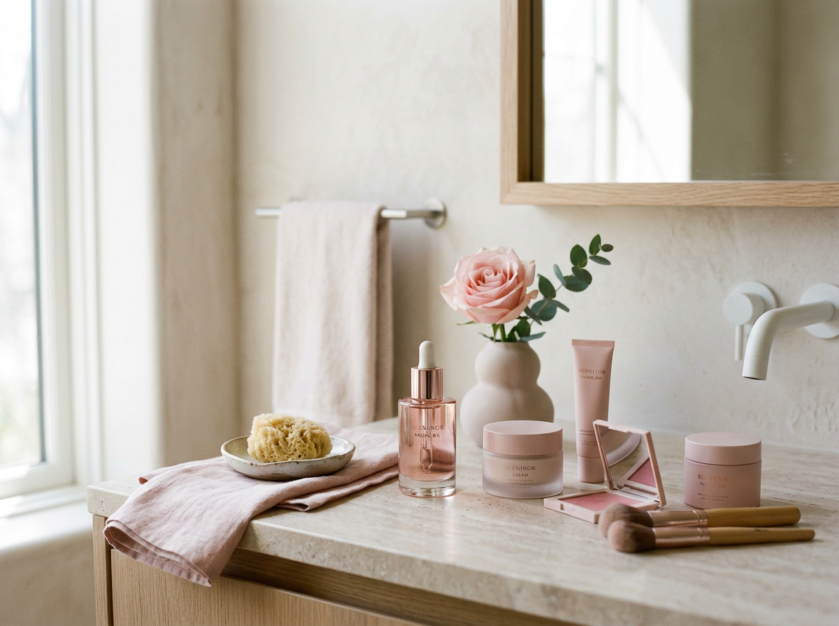 Bathroom countertop with skincare products, a vase with a pink rose, makeup brushes, a mirror, a sponge, pink towel, and a towel rack with a beige towel.