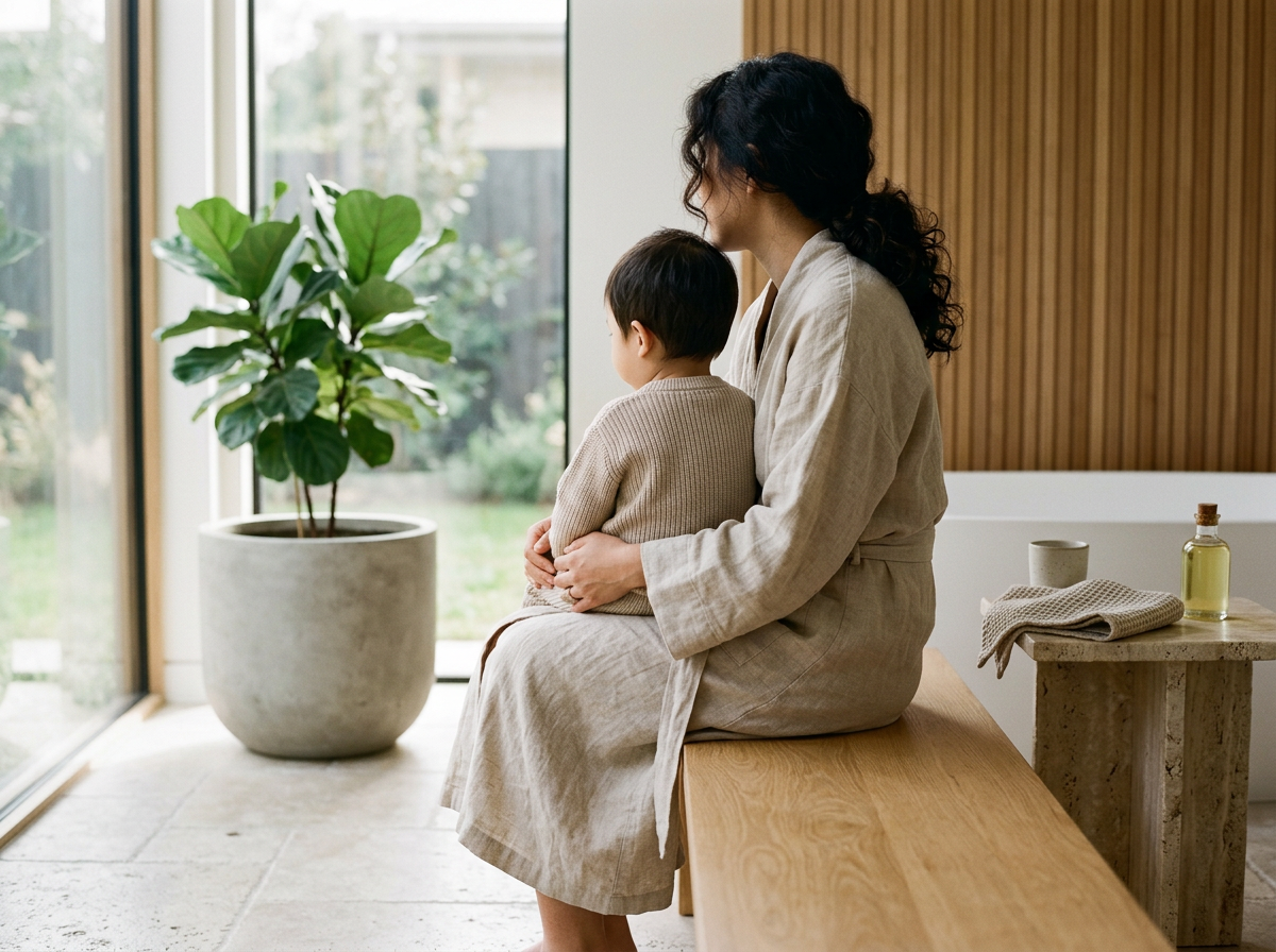 A woman with curly hair sitting on a wooden bench holding a young child in her lap. They are near large glass windows with a view of a garden outside. There is a potted plant, a small table with a bottle of oil, a cup, and a cloth near them.
