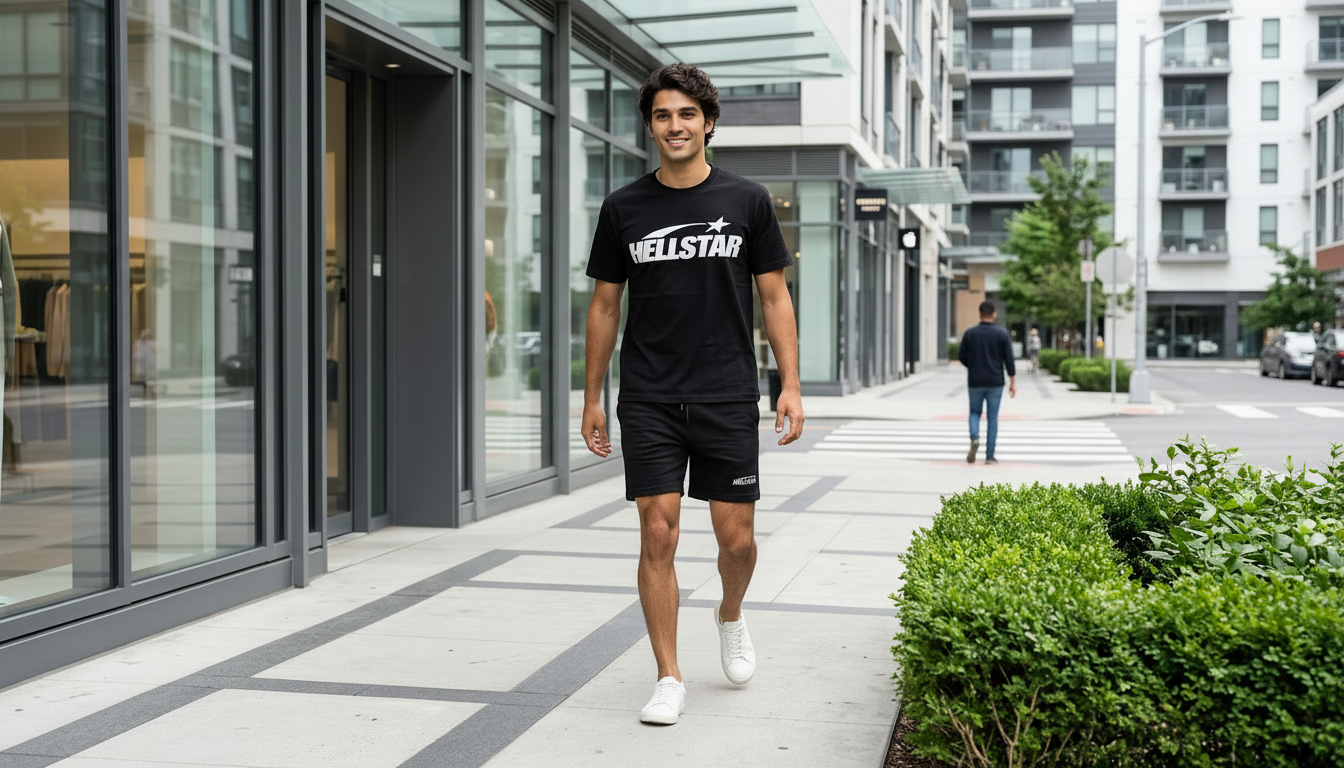 A young man with curly hair is walking on a city sidewalk, smiling, wearing a black t-shirt with 'HELLSTAR' printed on it and black shorts, with white sneakers.