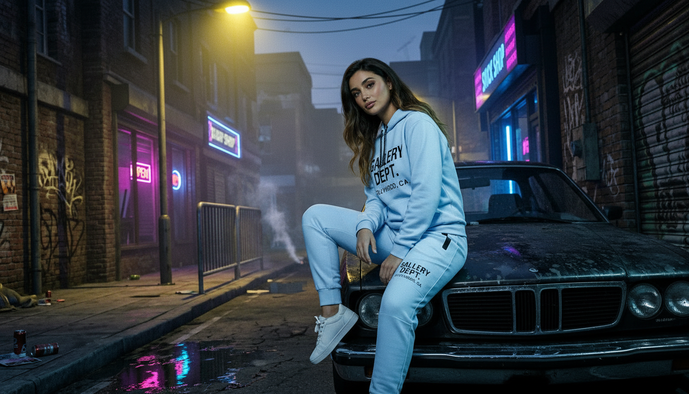 Young woman in light blue hoodie and sweatpants sitting on the hood of a black car in an urban alley at night with neon signs and graffiti