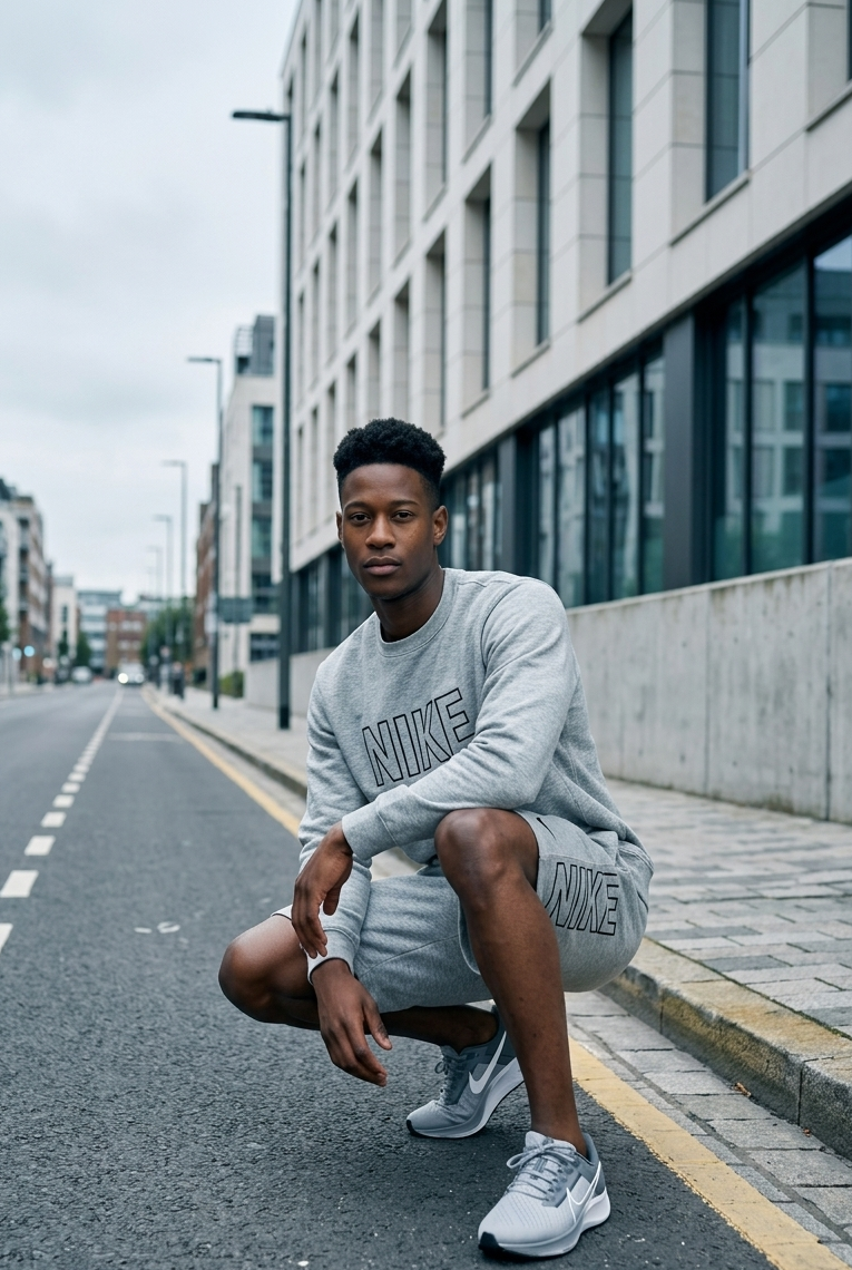 A young man in a gray Nike sweatshirt and shorts, wearing Nike sneakers, crouching on an urban street with modern buildings and overcast sky in the background.