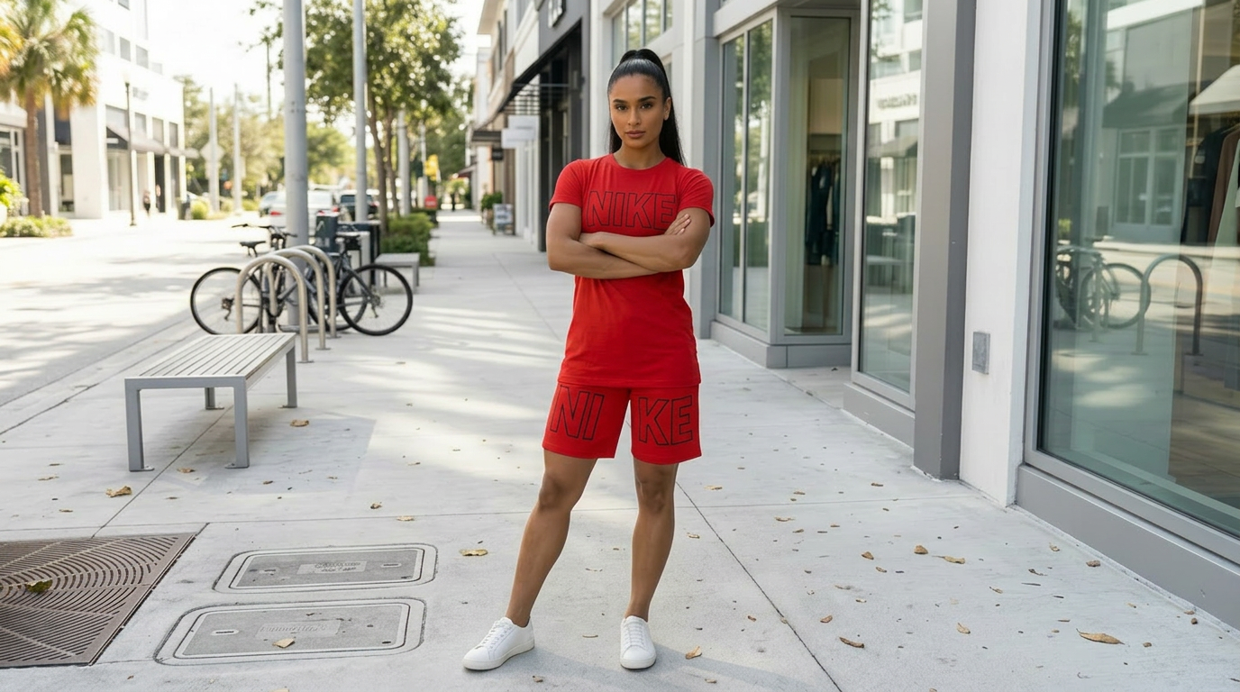 A woman in a red Nike athletic outfit stands on a city sidewalk with arms crossed, looking at the camera.