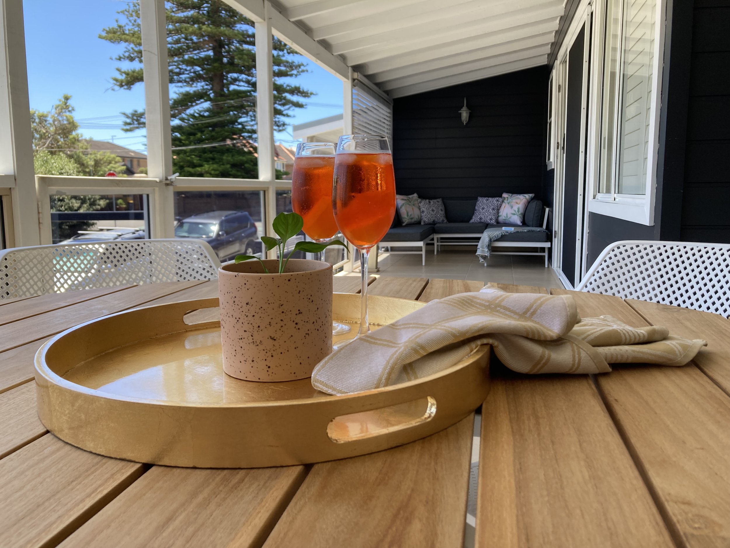 Two glasses of rosé wine on a round wooden tray on a dining table outdoors, with a potted plant nearby. The background shows a screened porch with a dark wall and an outdoor seating area with cushions, and a view of trees and houses in a sunny, clear day.