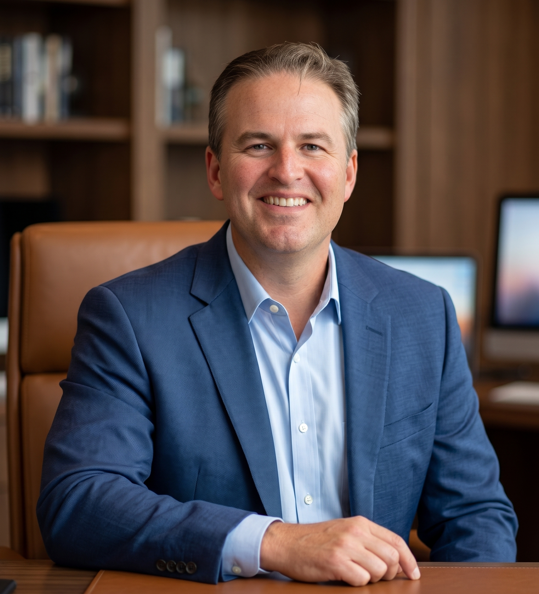 Scott Kosch in a blue suit and white shirt, sitting at a wooden desk in an office setting with bookshelves in the background.