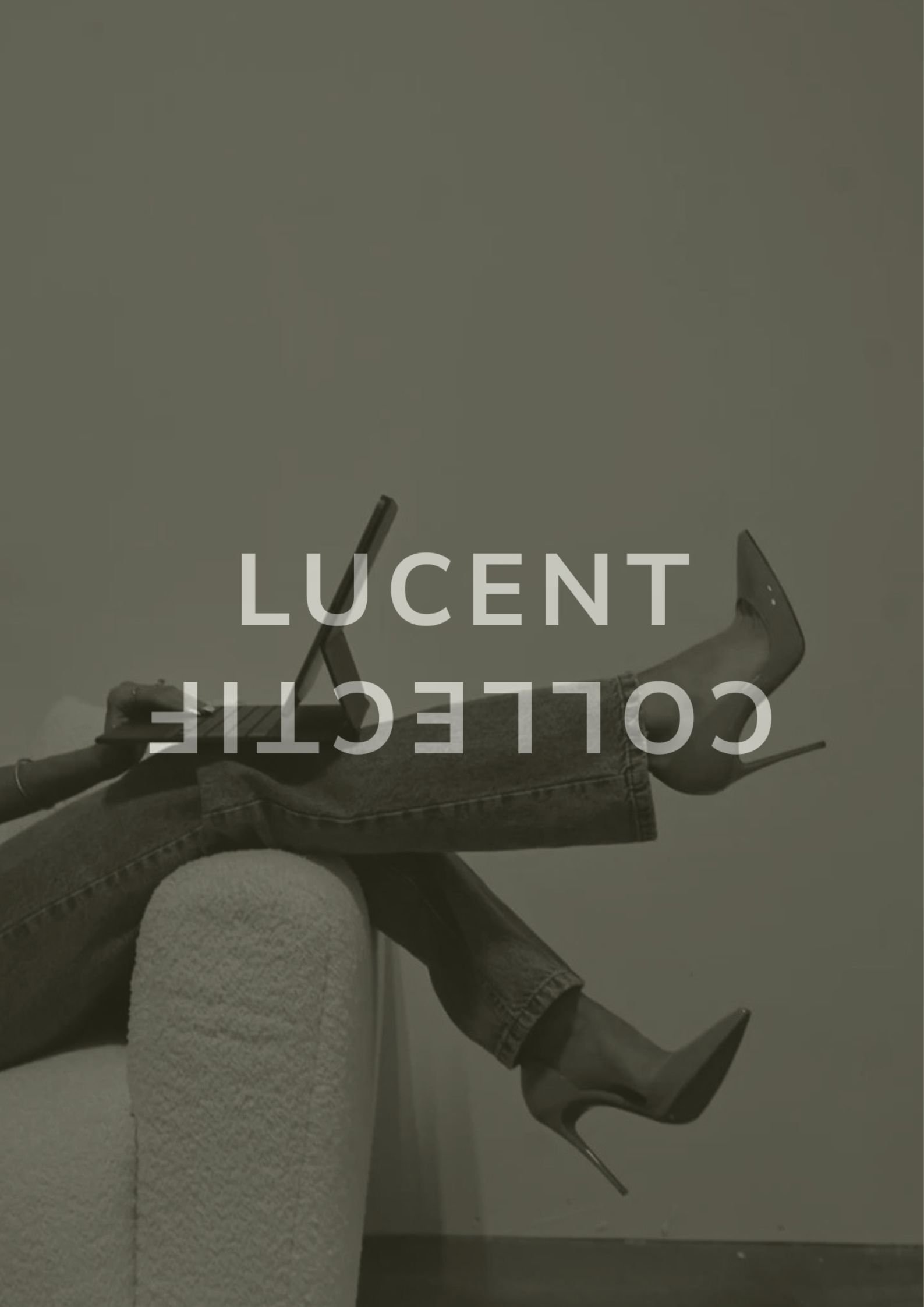 Person sitting on an office chair with legs crossed, wearing jeans and high heels, holding a laptop on their lap, with the words 'LUCENT COLLECTION' overlayed on the image.