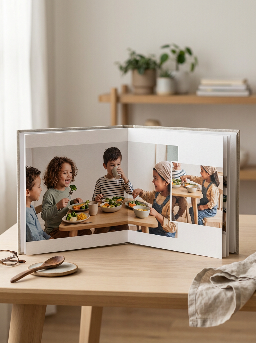 A photo album open on a wooden table displaying pictures of children enjoying a meal together, with a cup of drink visible, in a cozy room with a shelf and plants in the background.