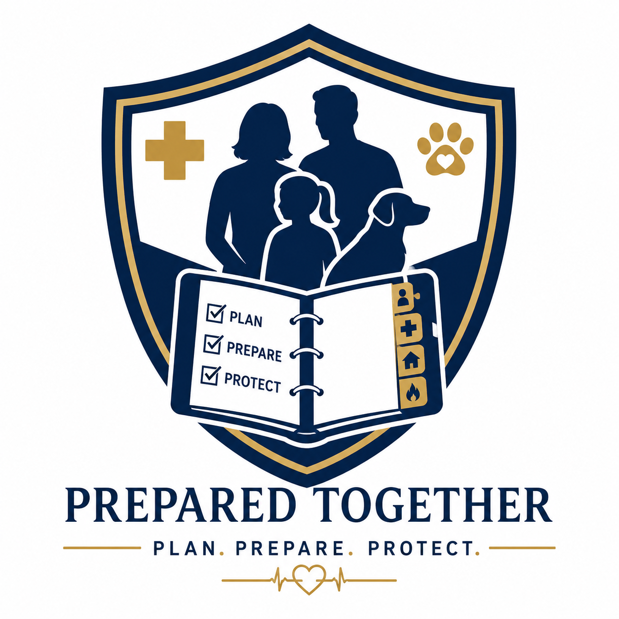 Logo featuring a shield with a family of four, a dog, and medical symbols. An open planner with checklists for planning, preparing, and protecting. The text 'Prepared Together' and 'Plan. Prepare. Protect.' at the bottom.