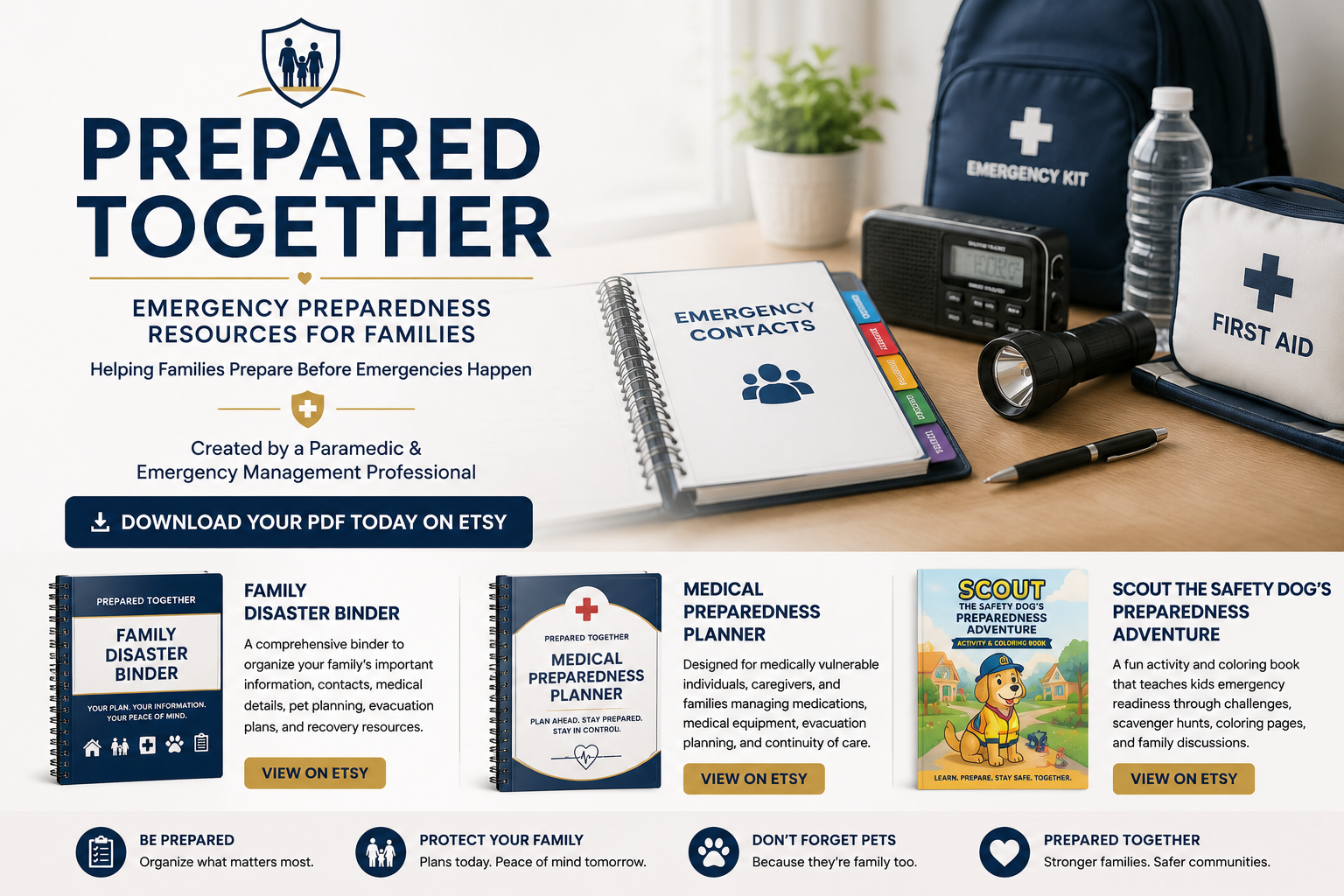 An emergency preparedness resource advertisement with a table displaying emergency contacts, first aid kit, flashlight, pen, and emergency resource guides for families.
