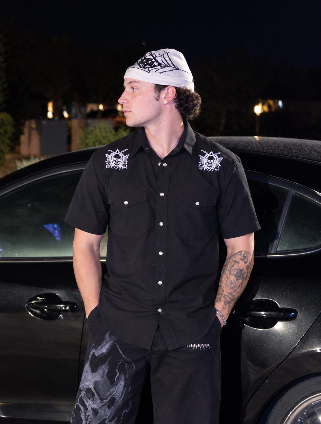 Men's Western Style Button Down Bowling Shirt with Pearl Fasteners