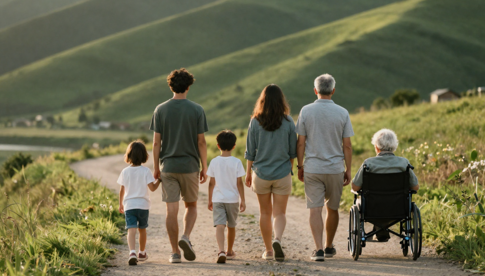 Family walking on a path in a green hilly landscape, including elderly woman in a wheelchair, two children, two adults, during sunset.