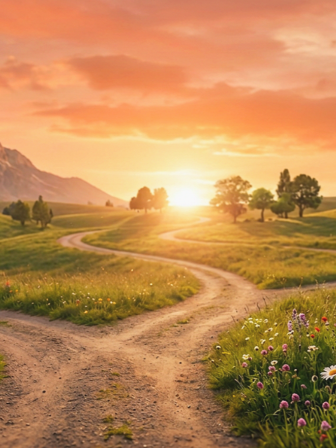Multiple paths through a grassy field with wildflowers, leading towards a sunset over distant trees and mountains.
