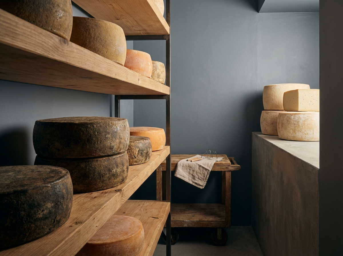 Shelves filled with large wheels of cheese in a cheese cellar or aging room.