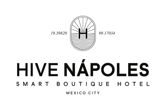 Logotipo del hotel Hive Nápoles en Ciudad de México, con icono estilizado y nombres del hotel.