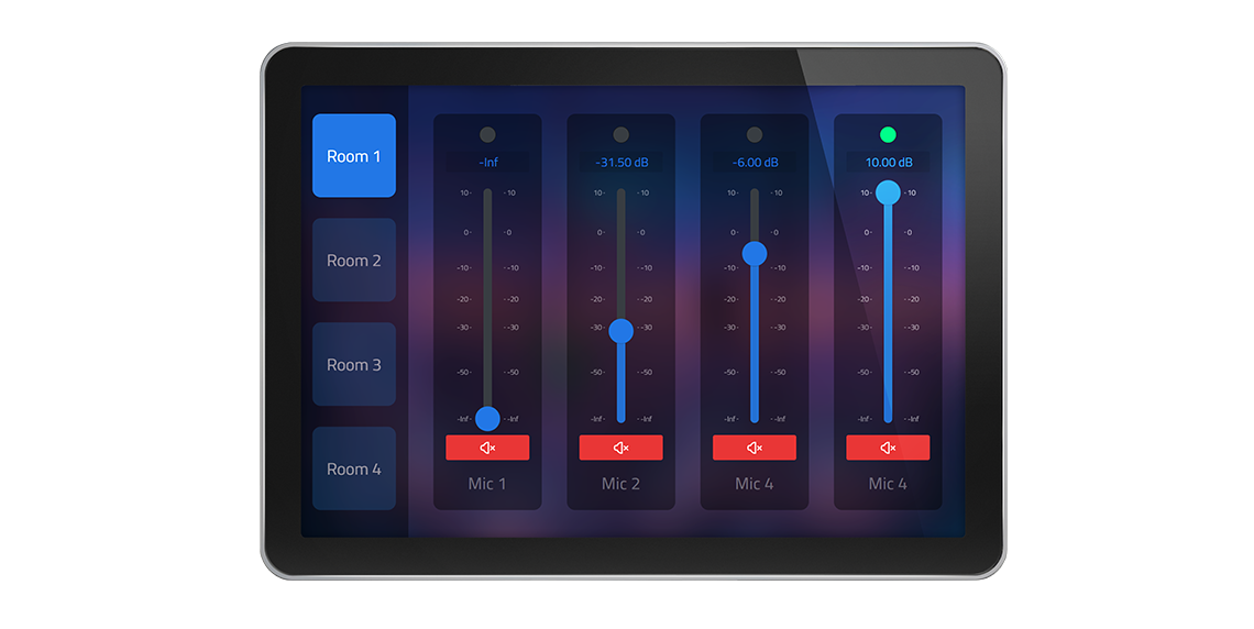 Pantalla de control de volumen con cuatro canales y botones de silencio, etiquetados para diferentes salas y micrófonos.