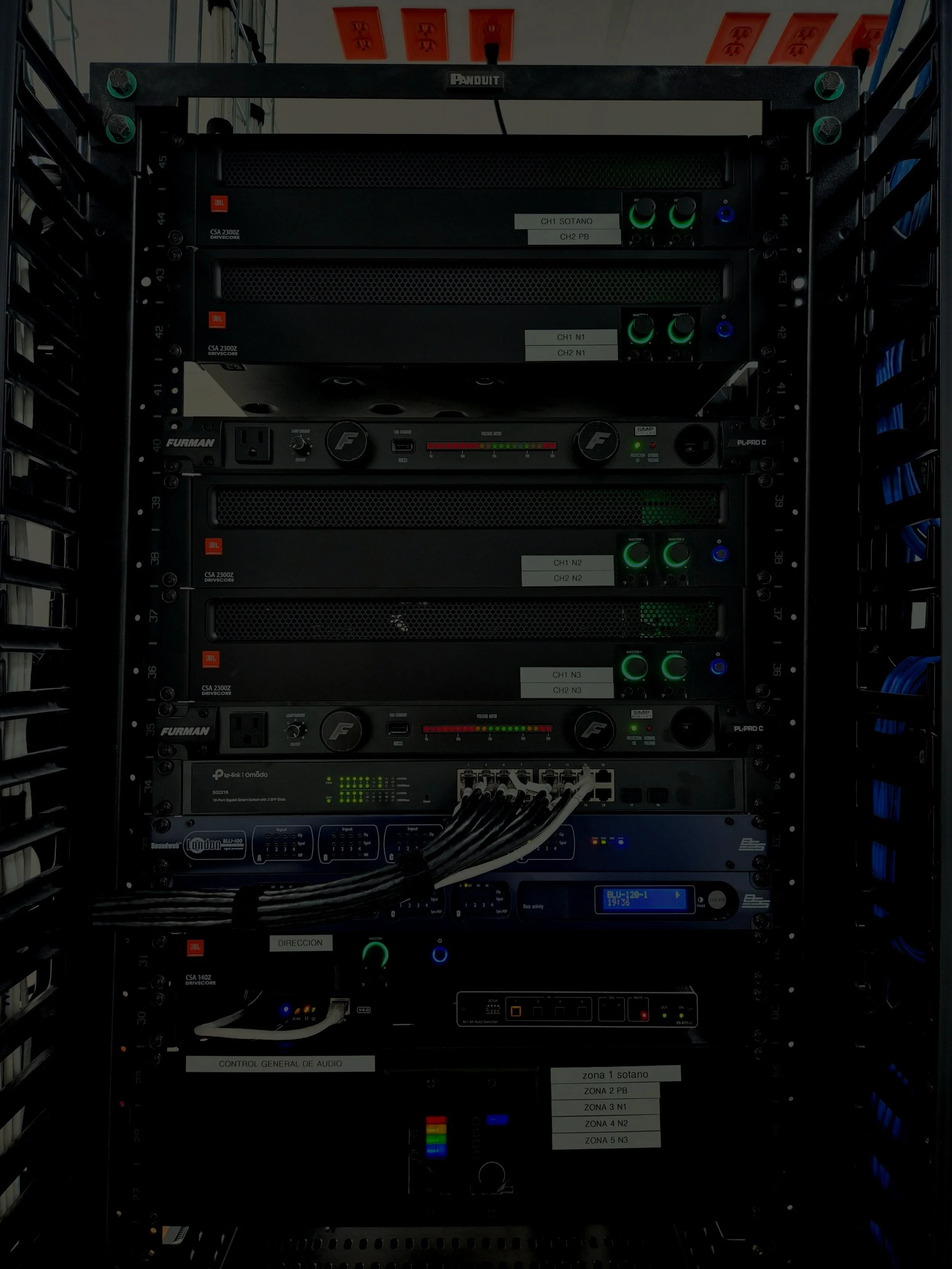 Estantería con equipos electrónicos y servidores de red, incluyendo racks con componentes como switches, routers y cables organizados en diferentes zonas etiquetadas.