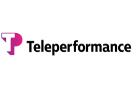 Logotipo de Teleperformance, con una 'T' rosa y el texto en negro.