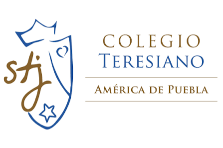 Logotipo del Colegio Teresiano América de Puebla con un escudo y textuales en colores dorado y azul.