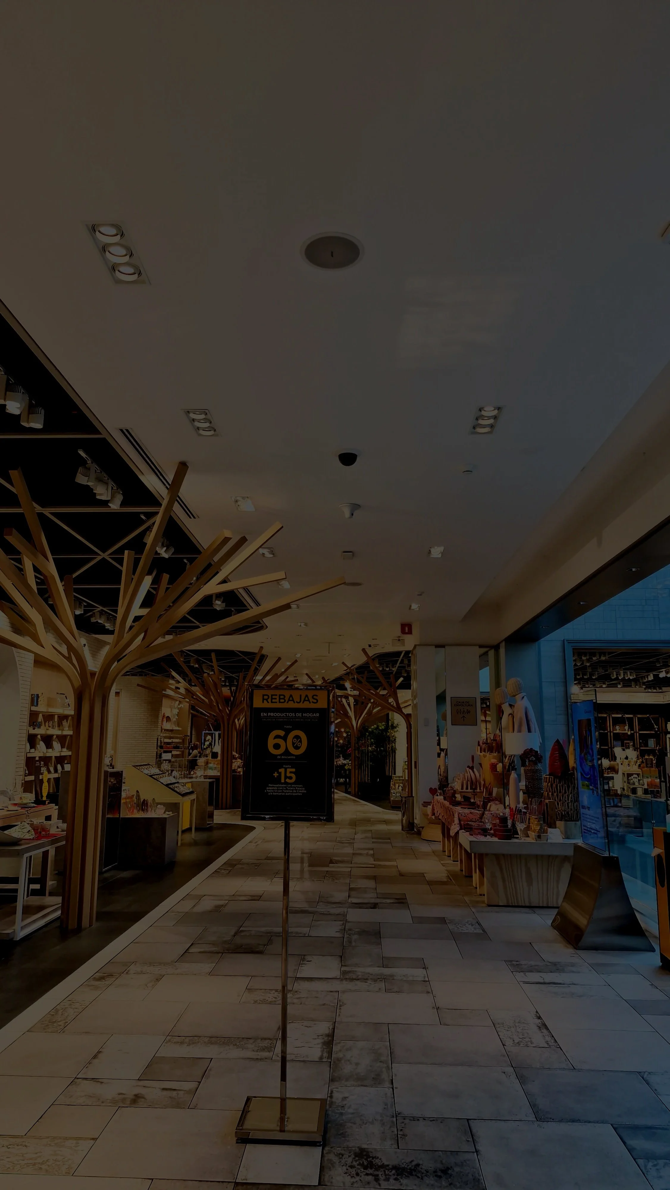 Interior de una tienda con decoraciones en forma de árboles de madera y un cartel que anuncia rebajas del 60%