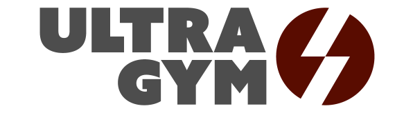 Logotipo de Ultra Gym, con letras negras y un círculo marrón con un rayo.