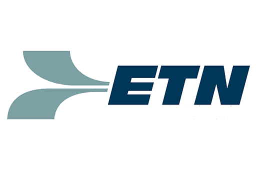 Logotipo de ETN con un diseño de línea estilizada y letras en negrita en color azul.