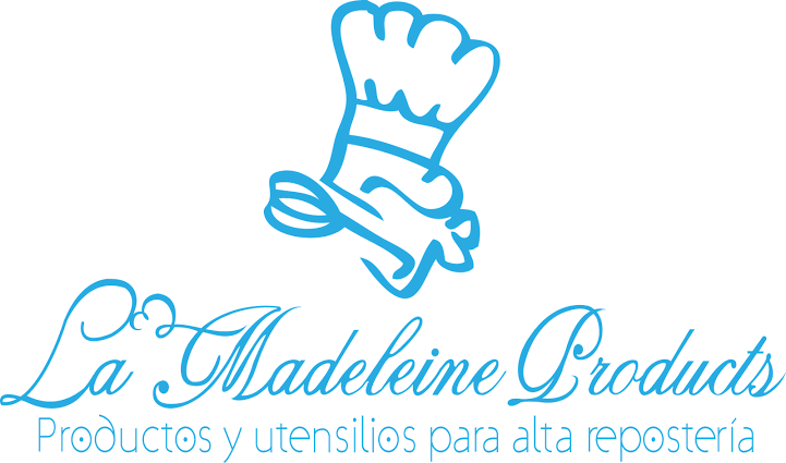 Logotipo de 'La Madeleine Products', con una ilustración de un chef en toque de chef y un delantal, con el texto 'Productos y utensilios para alta repostería'.