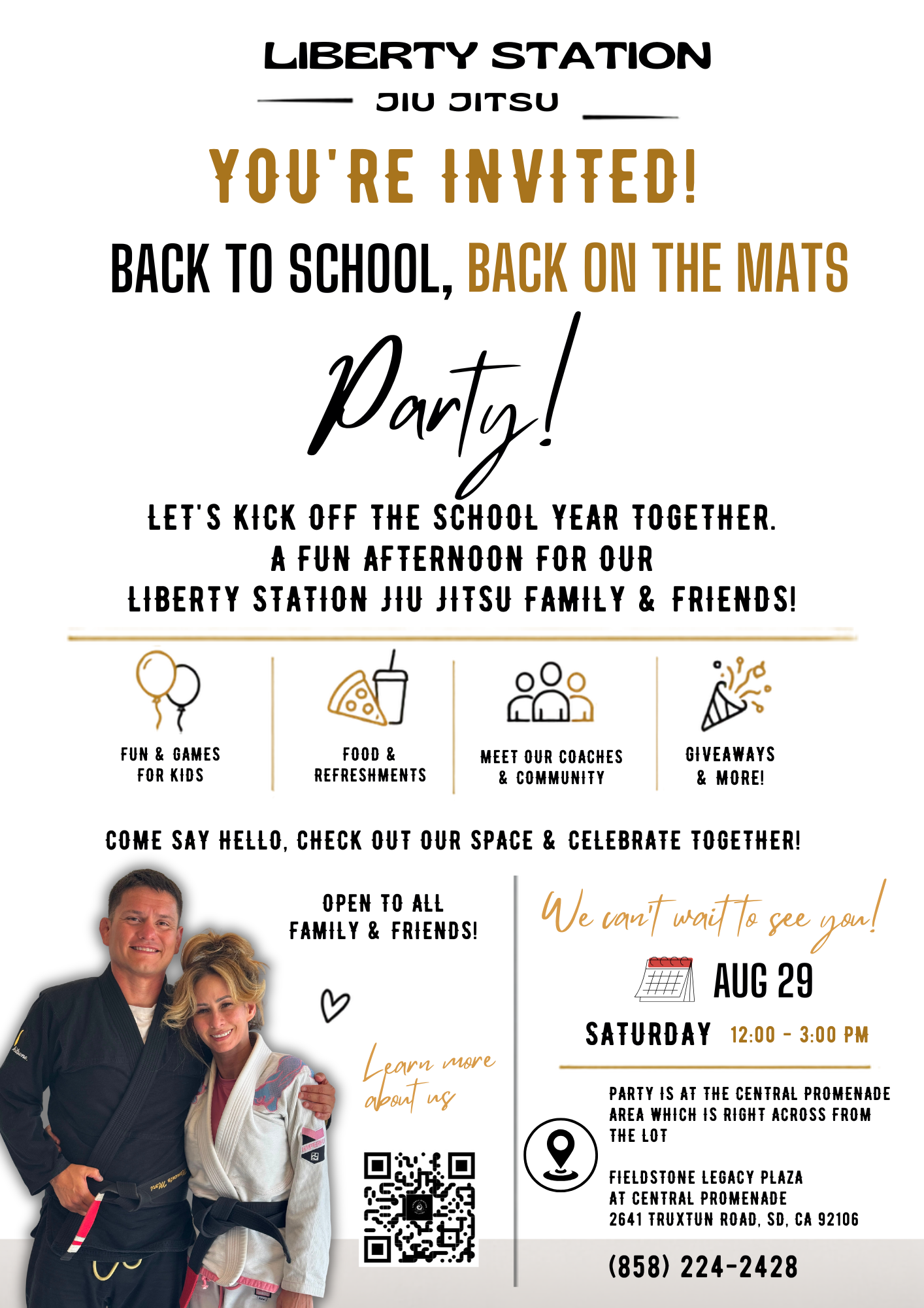 Back to School, Back on the Mats Party invitation featuring the Liberty Station Jiu Jitsu coaches.