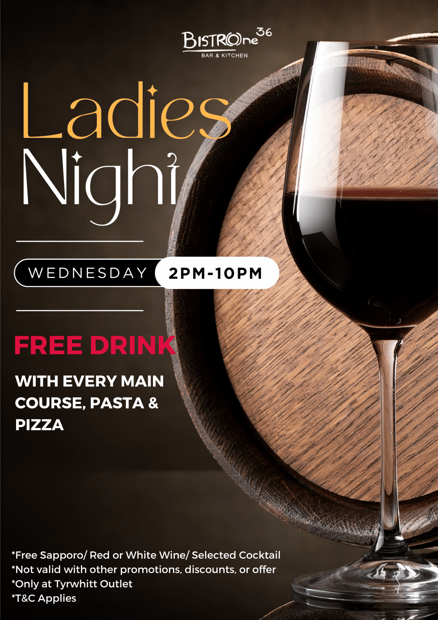 Promotion poster for Ladies Night at Bistro 36 Bar & Kitchen, featuring a glass of red wine on a wooden bar, event details including date, time, and free drink offer, with disclaimers in fine print. Every wednesday, Free drink for ladies
