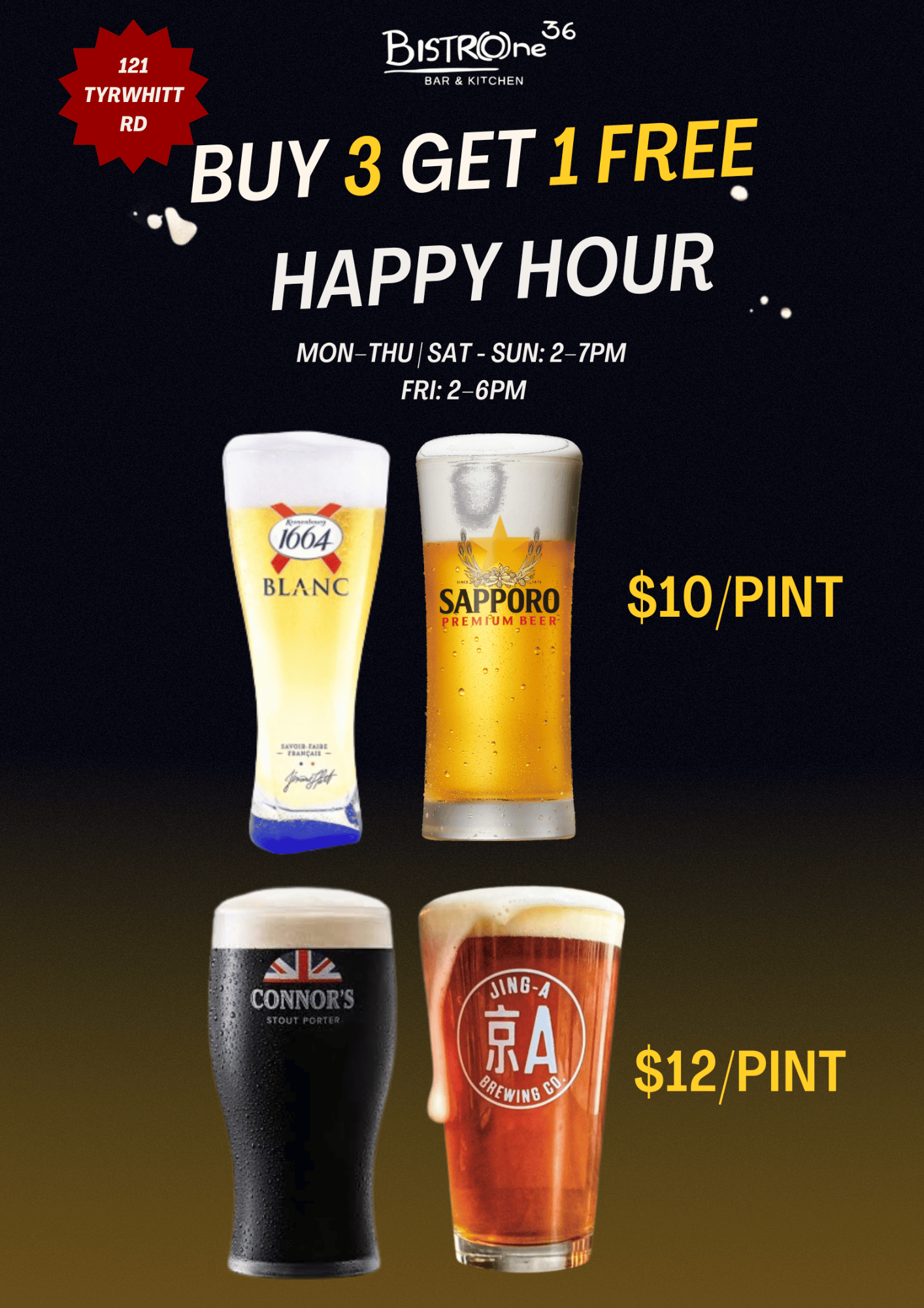 Promotion for craft beer at Bistro One 36 bar and kitchen, featuring a buy 3 get 1 free happy hour deal, with prices listed as $10 per pint for some beers and $12 per pint for others. The image includes pictures of various beer glasses with different brands and styles.