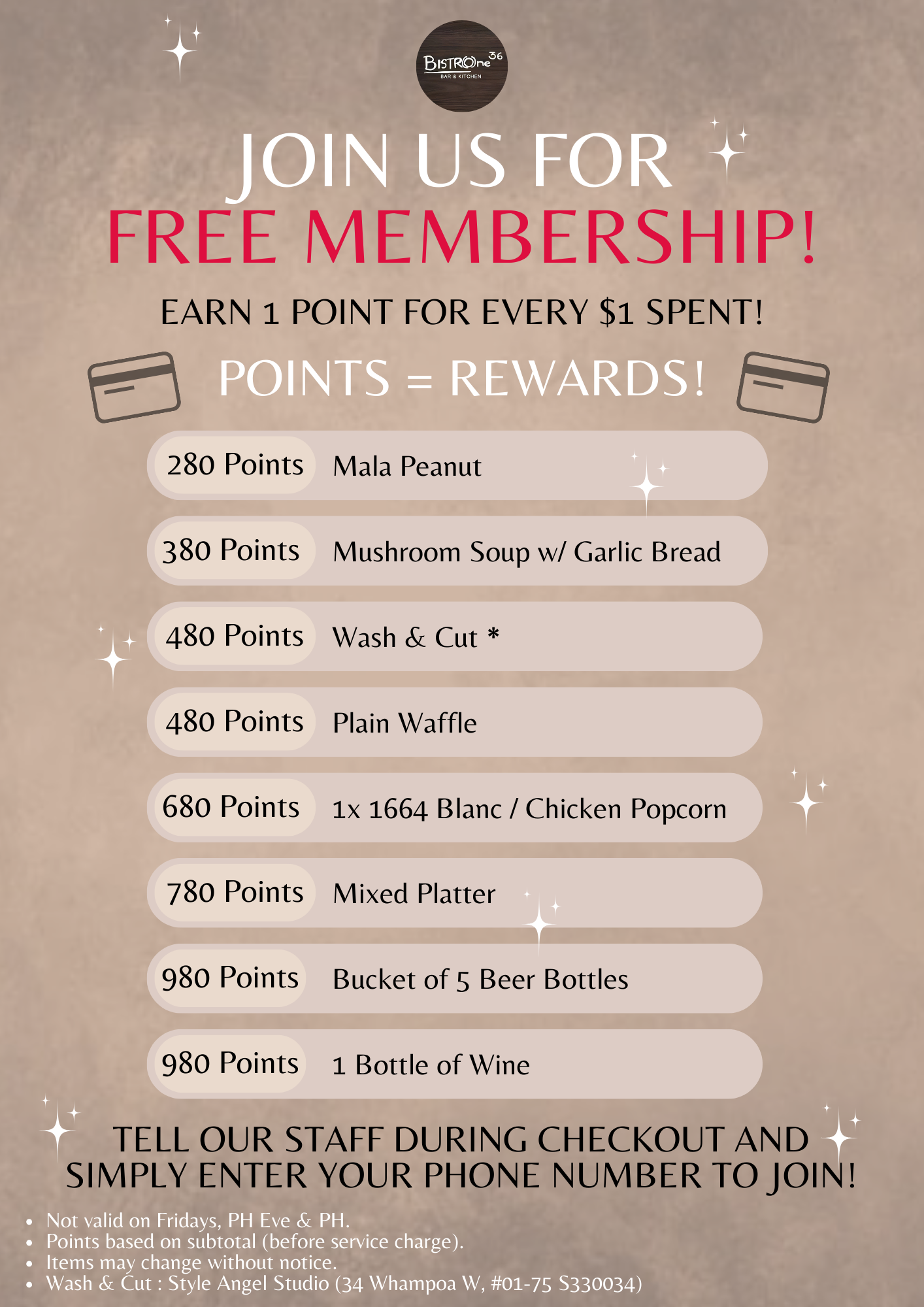 Promotion for free membership at BistrOne36 Bar & Kitchen, offering reward points for spending on various food items and beverages, with instructions to sign up during checkout.
