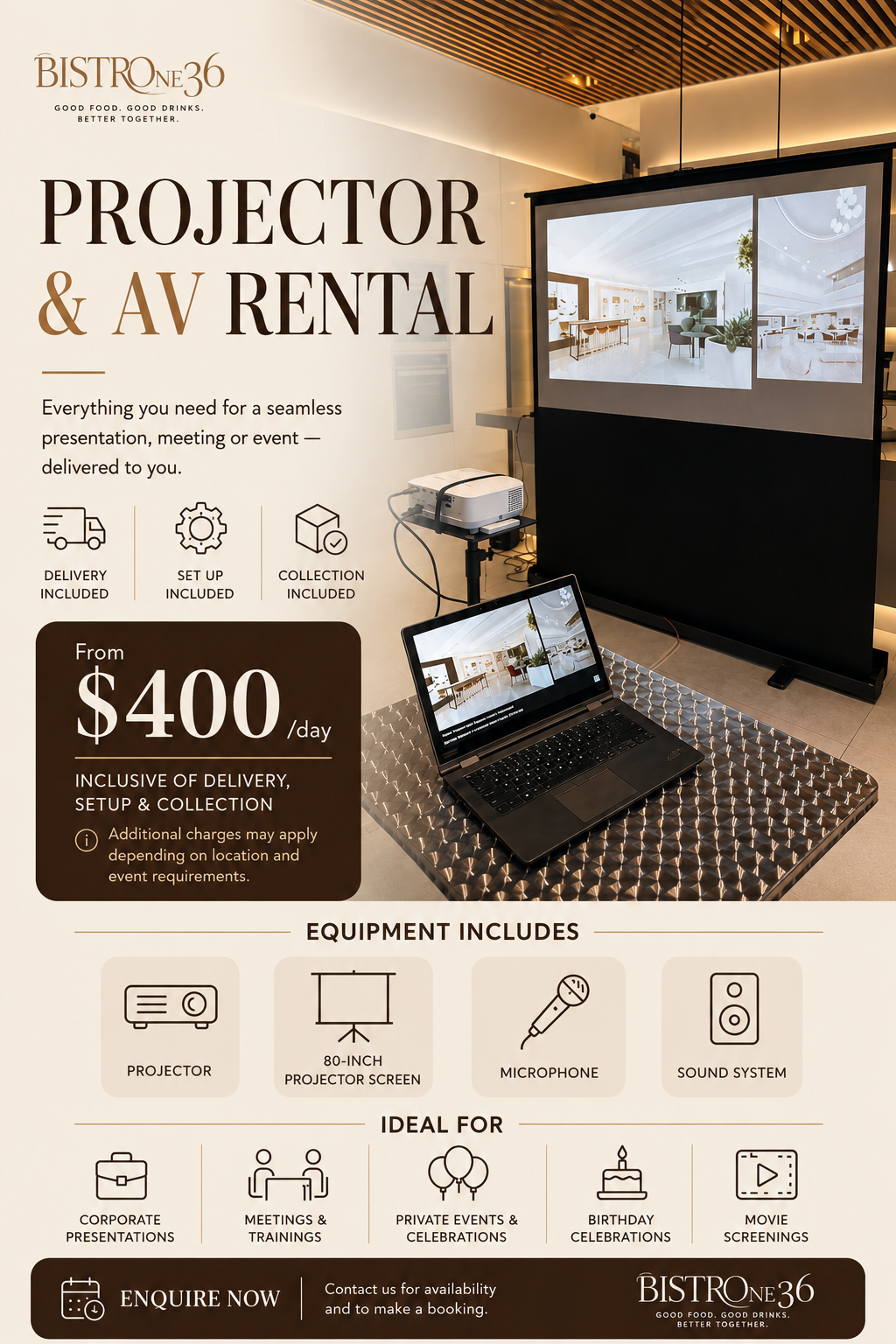 Poster advertising projector and AV rental services at Bistro 36, featuring a large display screen, a laptop connected to a projector, and icons illustrating projector, projector screen, microphone, and sound system, with pricing starting at $400 per day.