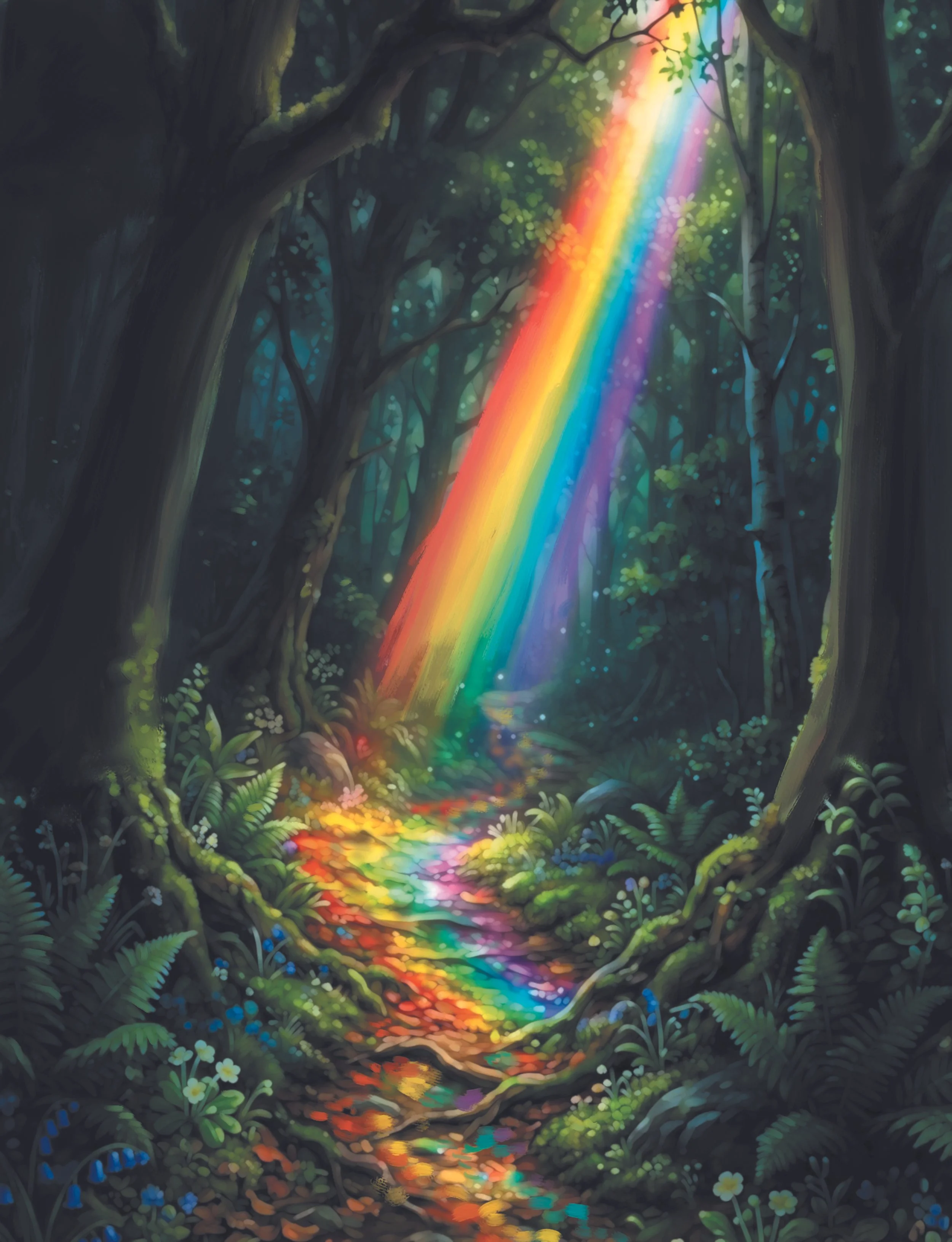 A dark forest scene with tall trees and dense foliage. A vibrant rainbow flows diagonally through the scene, illuminating a small stream or path on the forest floor with rainbow colors, surrounded by various green plants and tiny blue and white flowers.