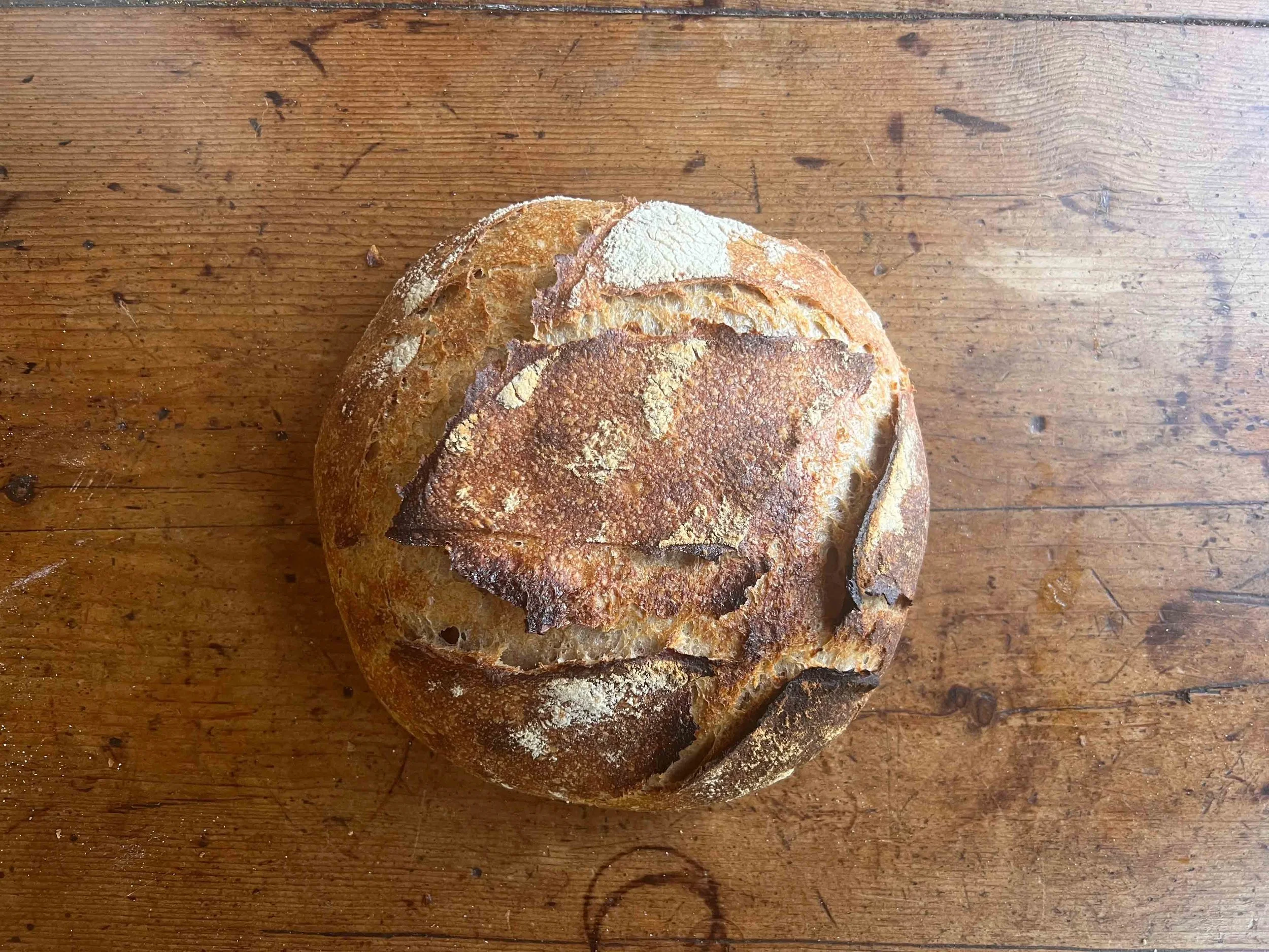 A round, crusty loaf of sourdough bread with a golden-brown crust and white flour dusting, resting on a wooden surface.