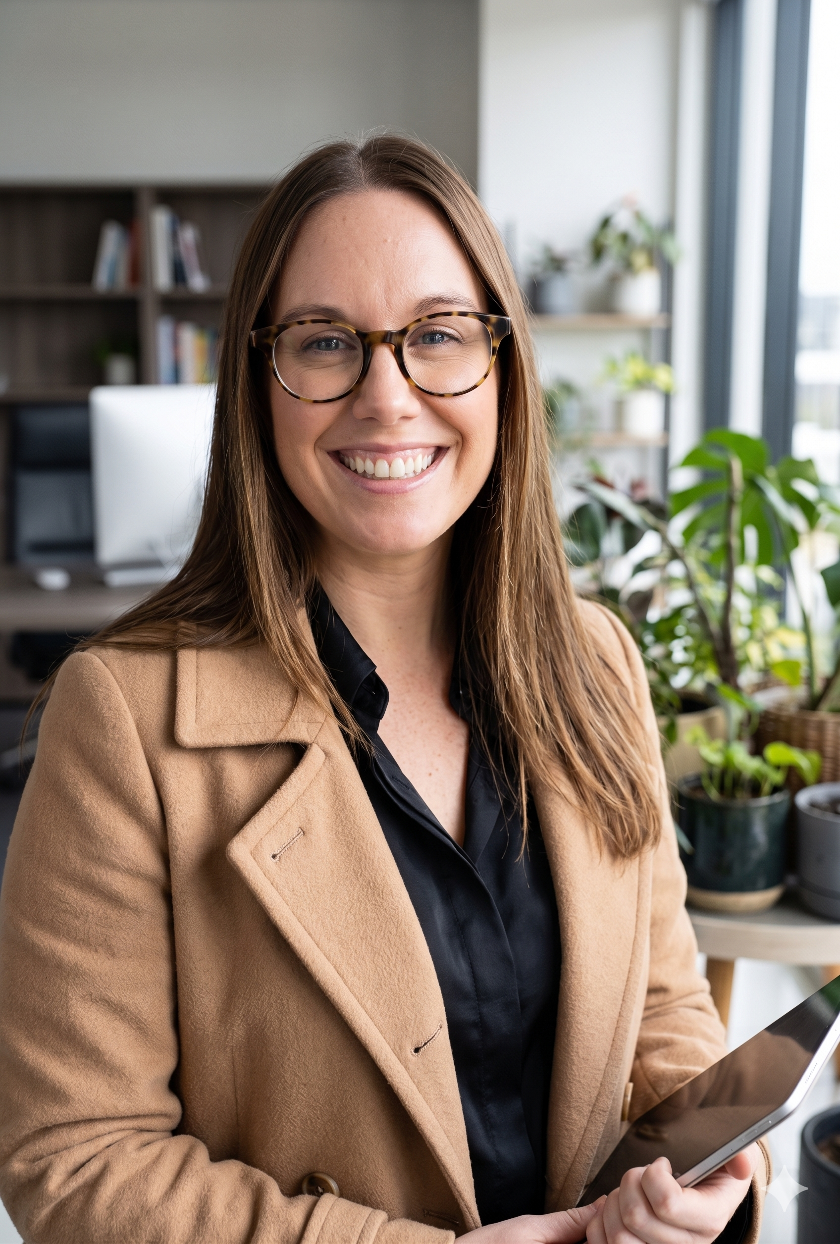 A woman with long brown hair and glasses wearing a tan coat, smiling while looking at a tablet in an indoor setting with plants and bookshelves in the background.