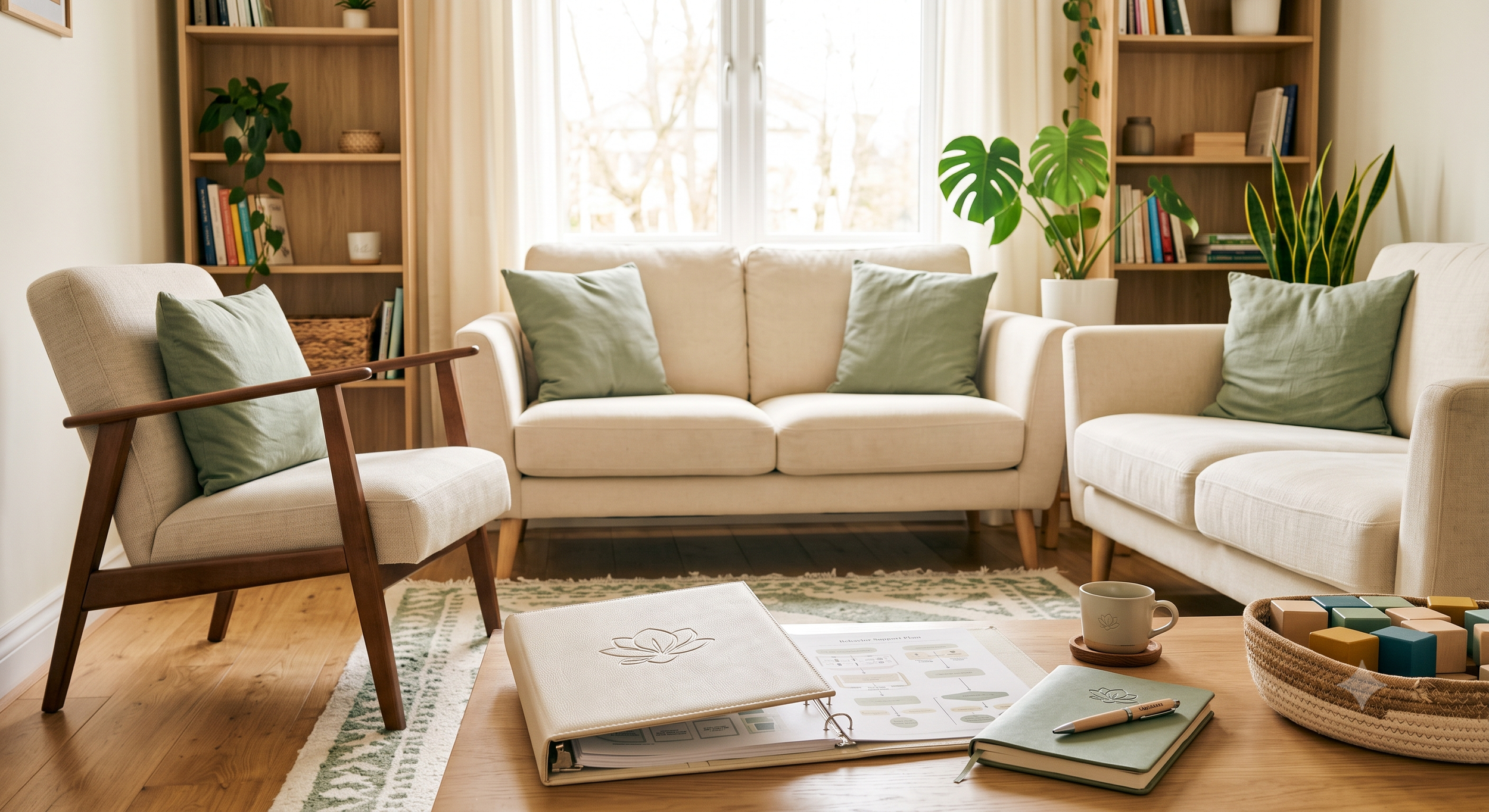 Living room with beige sofas, green pillows, potted plants, shelving with books, and sunlight through the window.