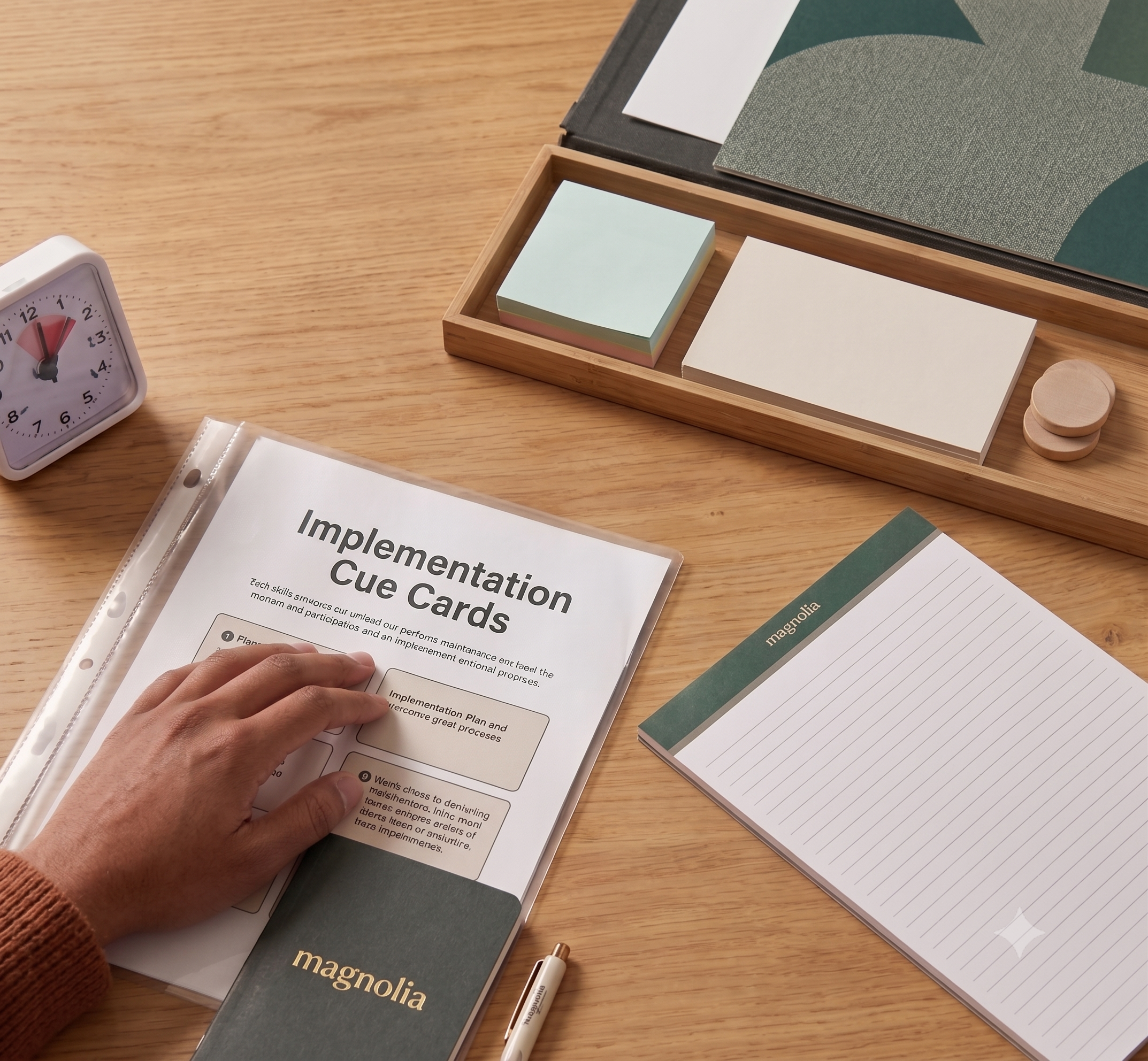 A person's hand holding a set of sticky notes over a printed document titled 'Implementation Cue Cards' on a wooden desk, surrounded by books, a white clock showing approximately 11:57, a marker, and additional office supplies.