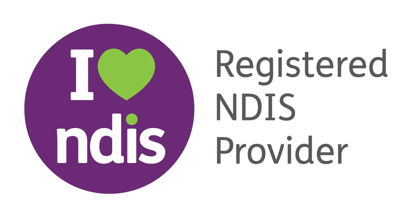 Logo with purple circle, white and green text saying 'I love NDIS', and gray text on the right stating 'Registered NDIS Provider'.