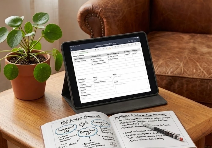 A digital tablet on a stand shows a data spreadsheet, placed on a wooden table next to a potted plant with round green leaves, with a brown leather couch in the background.