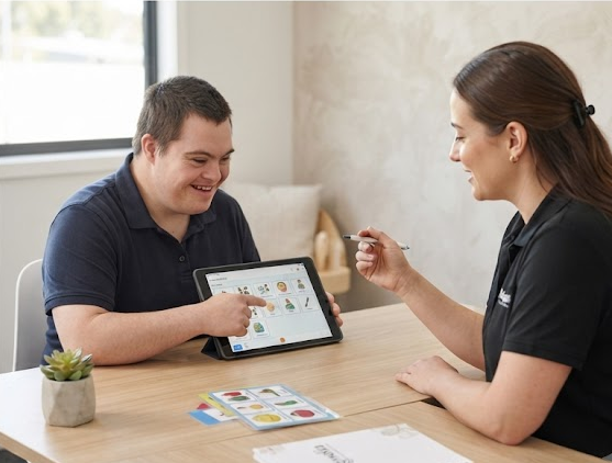 A man sitting at a table using a tablet, smiling, while a woman handing him a business card during a consultation in a well-lit room.